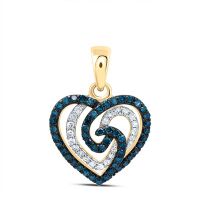 10K Yellow Gold Natural Diamond Blue Diamond Heart Pendant 0.33 Cttw