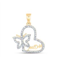 10K Yellow Gold Natural Diamond Mom Butterfly Heart Pendant 0.25 Cttw