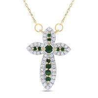 14K Yellow Gold Natural Diamond Round Emerald Cross Necklace 18 Inch 0.50 Cttw