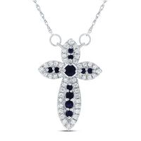 14K White Gold Natural Diamond Round Blue Sapphire Cross Necklace 18 Inch 0.50 Cttw