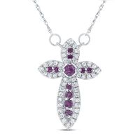 14K White Gold Natural Diamond Round Pink Sapp Natural Gemstone Cross Necklace 18 Inch 0.38 Cttw