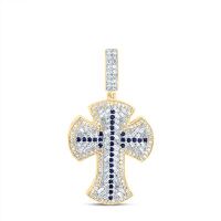 10K Yellow Gold Natural Diamond Round Blue Sapphire Cross Men%27s Charm 1 Cttw