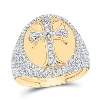 10K Yellow Gold Natural Diamond Chrome Cross Men%27s Ring 1.88 Cttw