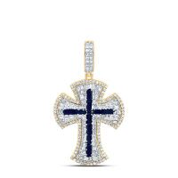 10K Yellow Gold Natural Diamond Blue Sapphire Cross Men%27s Charm 2 Cttw
