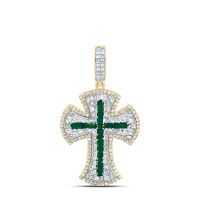 10K Yellow Gold Natural Diamond &amp; Emerald Cross Men%27s Charm 2 Cttw