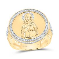 10K Yellow Gold Natural Diamond Virgin Mother Mary Round Men%27s Ring 0.63 Cttw