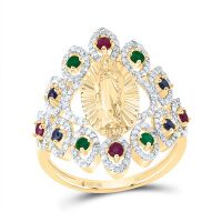 10K Yellow Gold Natural Diamond Ruby, Blue Sapphire and Emerald Virgin Mother Mary Ring 0.88 Cttw