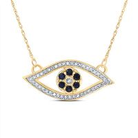 10K Yellow Gold Natural Diamond Round Blue Sapphire Evil Necklace 18 Inch 0.38 Cttw