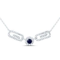 10K White Gold Natural Diamond 3mm Round Blue Sapphire Paper Clip Necklace 18 Inch 0.38 Cttw