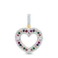 10K Yellow Gold Natural Diamond Multi-Color Sapphire Heart Pendant 0.75 Cttw