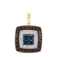 10K Yellow Gold Natural Diamond Cognac Blue Diamond Square Pendant 0.75 Cttw