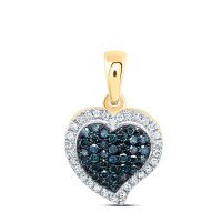 10K Yellow Gold Natural Diamond Blue Diamond Heart Pendant 0.20 Cttw