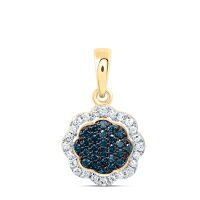 10K Yellow Gold Natural Diamond Blue Diamond Flower Pendant 0.20 Cttw