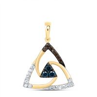 10K Yellow Gold Natural Diamond Cognac Blue Diamond Triangle Pendant 0.25 Cttw