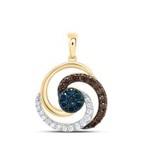 10K Yellow Gold Natural Diamond Cognac Blue Diamond Round Pendant 0.38 Cttw