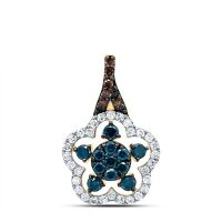 10K Yellow Gold Natural Diamond Cognac Blue Diamond Flower Pendant 0.50 Cttw