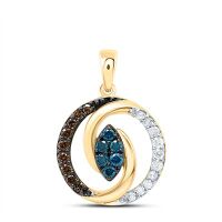 10K Yellow Gold Natural Diamond Cognac Blue Diamond Round Pendant 0.33 Cttw