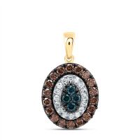 10K Yellow Gold Natural Diamond Cognac Blue Diamond Oval Pendant 0.63 Cttw