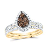 14K Yellow Gold Natural Diamond Cognac Pear Bridal Ring 0.75 Cttw