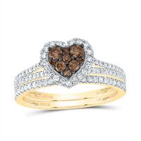 14K Yellow Gold Natural Diamond Cognac Heart Bridal Ring 0.75 Cttw