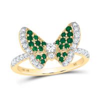 10K Yellow Gold Diamond Round Emerald Butterfly Ring 0.50 Cttw