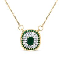 14K Yellow Gold Natural Diamond Round Emerald 4x3mm Emerald Cushion Necklace 18 Inch 0.38 Cttw