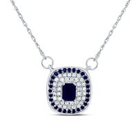 14K White Gold Natural Diamond Blue Sapphire Cushion Necklace 18 Inch 0.50 Cttw