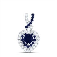 14K White Gold Natural Diamond 3.5mm Heart Blue Sapphire Pendant 0.50 Cttw