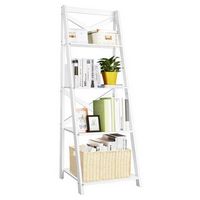 Costway - 4-Tier Ladder Shelf Bookshelf Bookcase Storage Display Plant Leaning Shelf - White