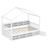Costway Twin Size House Bed Wooden Platform Bed Frame with Roof &amp; 14 Storage Cubes - White