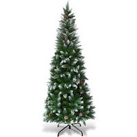 Costway - 6ft Snow Flocked Unlit Pencil Christmas Tree Hinged Pine Cones - Green/White