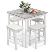 Costway 5 PCS Bar Table Set Square Dining Table & 4 PVC Leather Upholstered Bar Stools - White