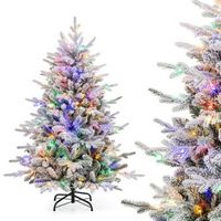 Costway - 4.5 FT Flocked Christmas Tree with 8 Lighting Modes 160 Multi-Color LED Lights - Green/...