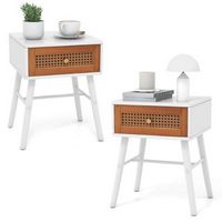 Costway 2 PCS Nightstand with Storage Drawer Rattan Decoration Solid Wood Legs for Bedroom - Whit...