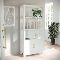 Martha Stewart - Hutton White 4 Tier Shaker Style Bookcase with Cabinet and Polished Brass Hardwa...