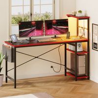 Bestier 61" Gaming Desk with Power Outlets LED 4-Tier Reversible Shelves Headset Hook - Black