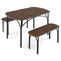 Costway 3 PCS 48" Dining Table Set for 4Rectangular Table & 2 Benches with Metal Frame - Brown an...