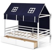 Costway Twin House Bed Solid Wood Playhouse Bed Low Loft Bed with Tent 2 Storage Drawers - White