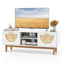 TV Stand for 55-Inch TVs with 2 Drawers & Bamboo Woven Fronts Solid Wood Legs White