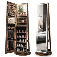 Costway - 360° Swivel Jewelry Cabinet Organizer 3-Color LED Mirror with Built-in Lights - Coffee