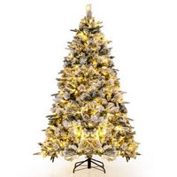Costway - 6 FT Pre-Lit Flocked Christmas Tree Hinged Xmas Decoration with 250 LED Lights - Green/...