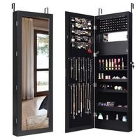 Costway - Wall Door Mounted Mirror Jewelry Cabinet Organizer w/LED Lights - Black