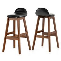 Costway Set of 2 Upholstered PU Leather Barstools 27.5" Wooden Dining Chairs - Black + Brown