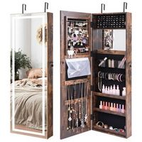 Costway - LED Mirror Jewelry Cabinet Wall/Door Mounted  47" Armoire 3 Color Coffee - Brown