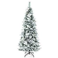 Costway - 6ft Snow Flocked Christmas Pencil Tree w/ Berries & Poinsettia Flowers - Green/White