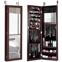 Costway - Wall Door Mounted Mirrored Jewelry Cabinet Storage Organizer - Brown