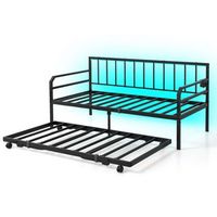Costway Twin Size Daybed with Pop-up Trundle Charging Station & LED Lights for Living Room - Black
