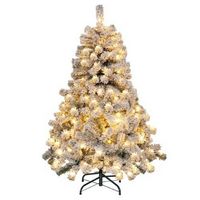 Costway - 4.5ft Pre-Lit Premium Snow Flocked Hinged Artificial Christmas Tree w/150 Lights - Gree...