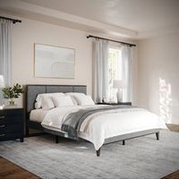 Martha Stewart - Jett Wooden Queen Size Platform Bed with Upholstered Inset Headboard-Gray Brown/...