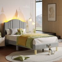 Pinmoco - Twin Upholstered Platform Bed Frame with Adjustable LED Arc Headboard - Fabric Gray